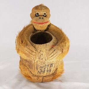 vtg Coconut Monkey Figurine Containre Pencil Holder 8in Folk Art